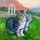 Two beautiful cats in front space with a landscape of the Sanctuary of Delphi, Greece in the background.